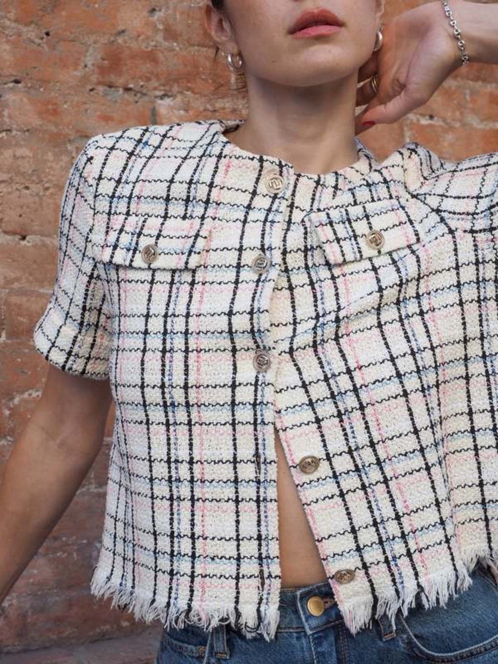 Maje Cream Plaid Tweed Short-Sleeve Button Down